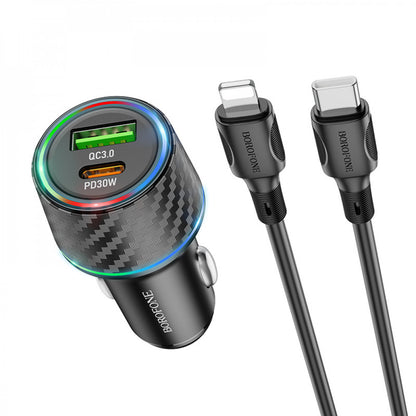 Car Charger 30W PD QC3.0 C to Lightning Cable (1m) Borofone BZ21 — Black