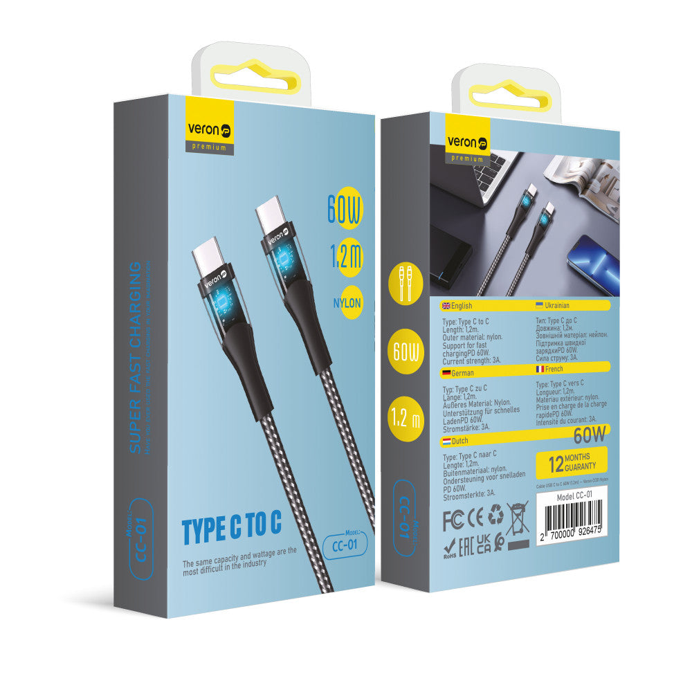 Кабель USB C to C 60W PD (1.2m) Veron CC01 Nylon LED — Black