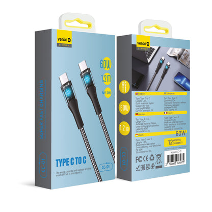 Кабель USB C to C 60W PD (1.2m) Veron CC01 Nylon LED — Black