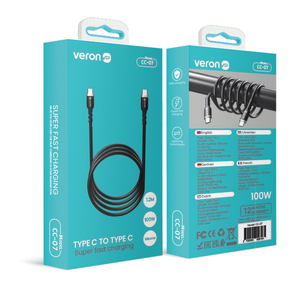 Кабель USB C to C 100W PD (1.2m) Veron CC07 Silicon