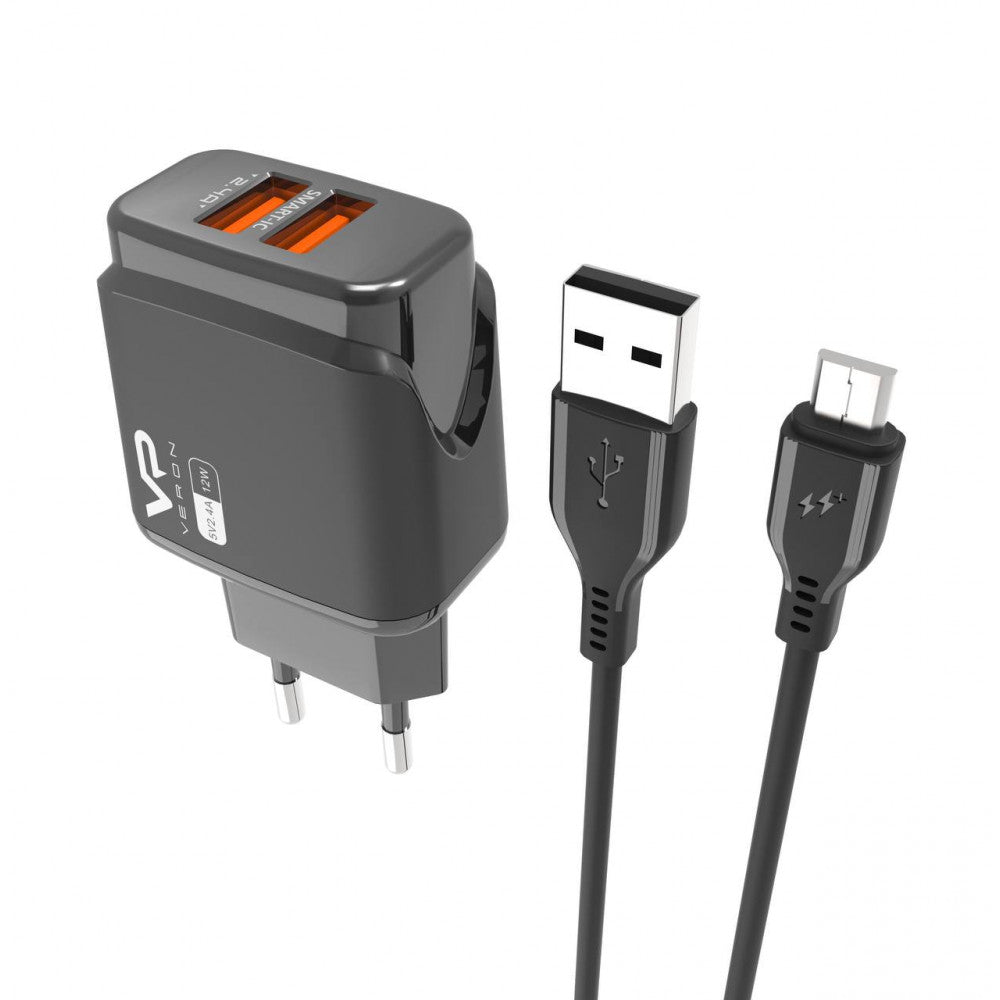 Home Charger 2.4A 2U Micro Cable (1m) Veron VR-C12M — White