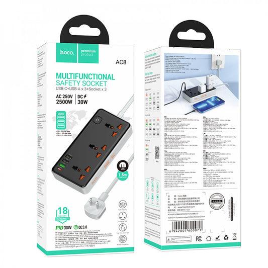 Мережевий фільтр 2500W 3U | 3P | 1C 30W | 1.5m — Hoco AC8A — Black