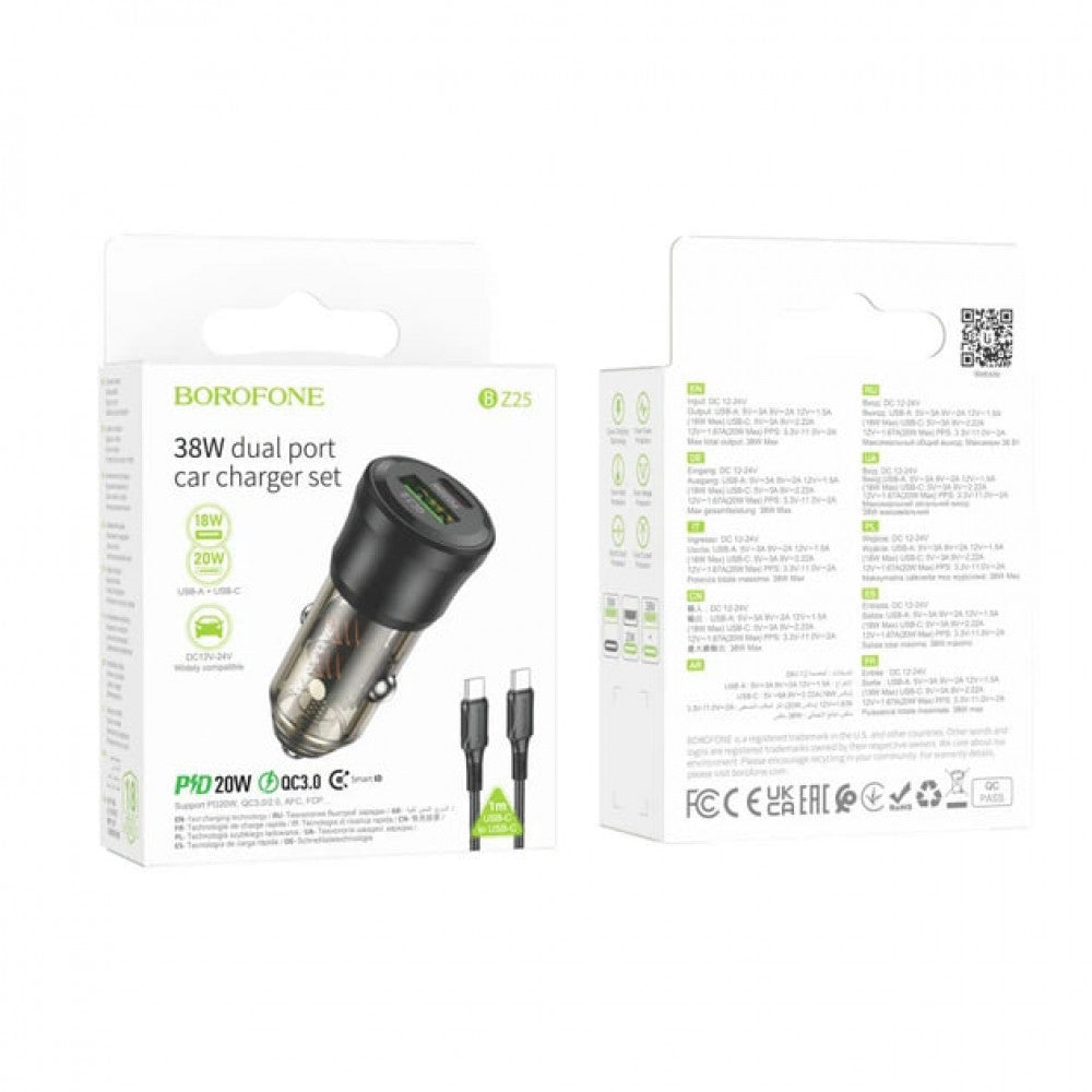 Car Charger | 38W | PD | QC3.0 C to C Cable (1m) — Borofone BZ25