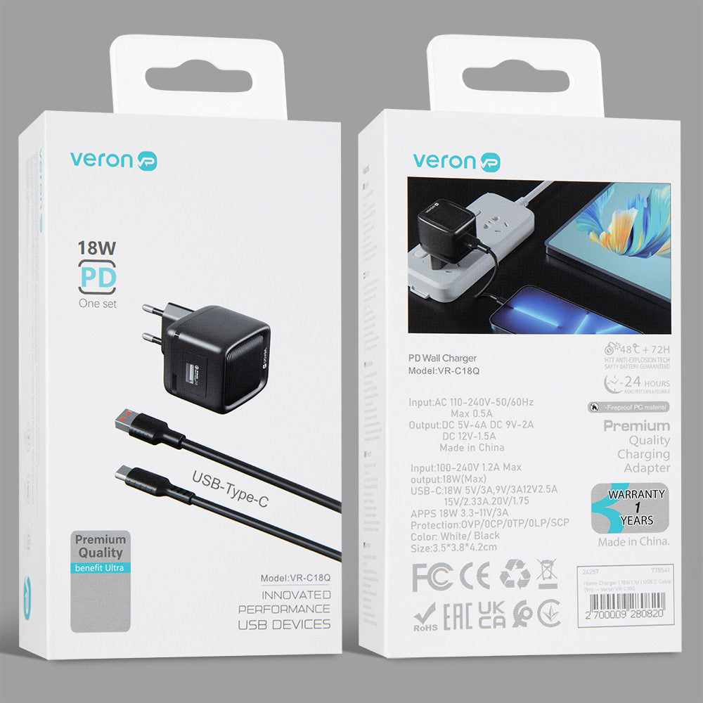 Home Charger | 18W | 1U | USB C Cable (1m) — Veron VR-C18Q