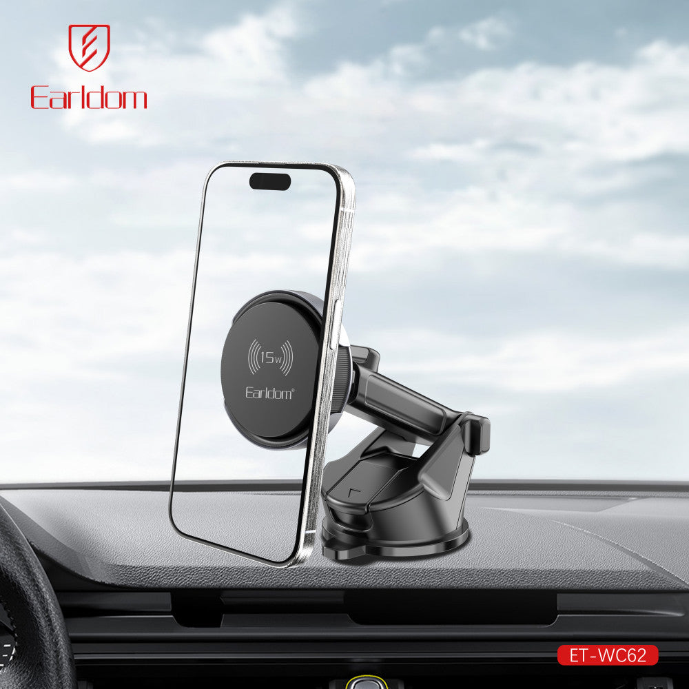 Автотримач магнітний на присосці з бездротовою зарядкою 15W Earldom ET-WC62