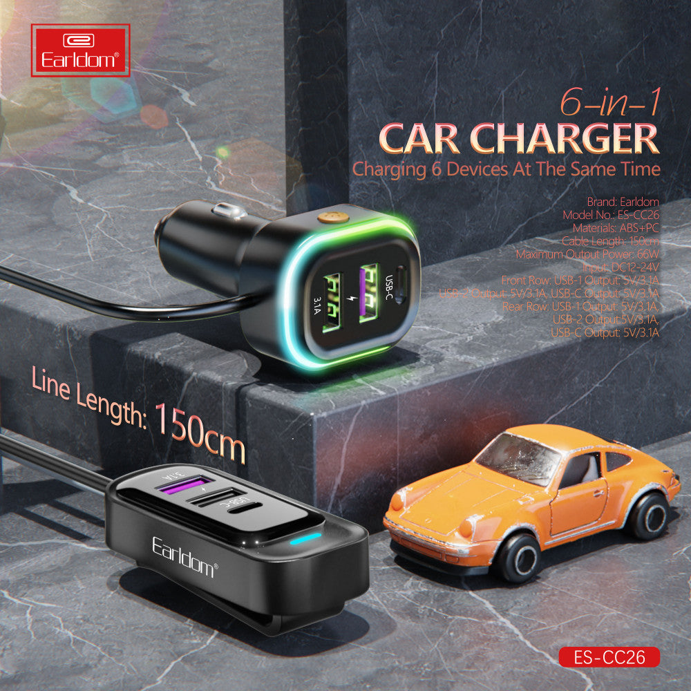 Car Charger 66W 4U 2C Earldom ES-CC26