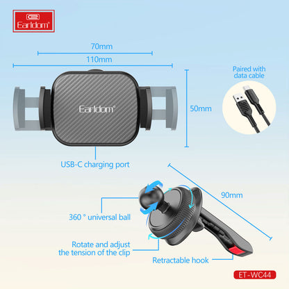 Автотримач розсувний на повітропровід з бездротовою зарядкою 15W — Earldom ET-WC44