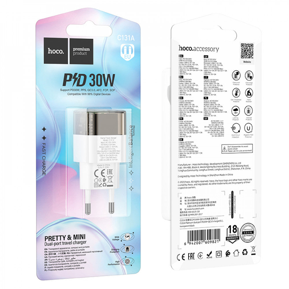 Home Charger | 30W | PD | QC3.0 - Hoco C131A - Transparent Black