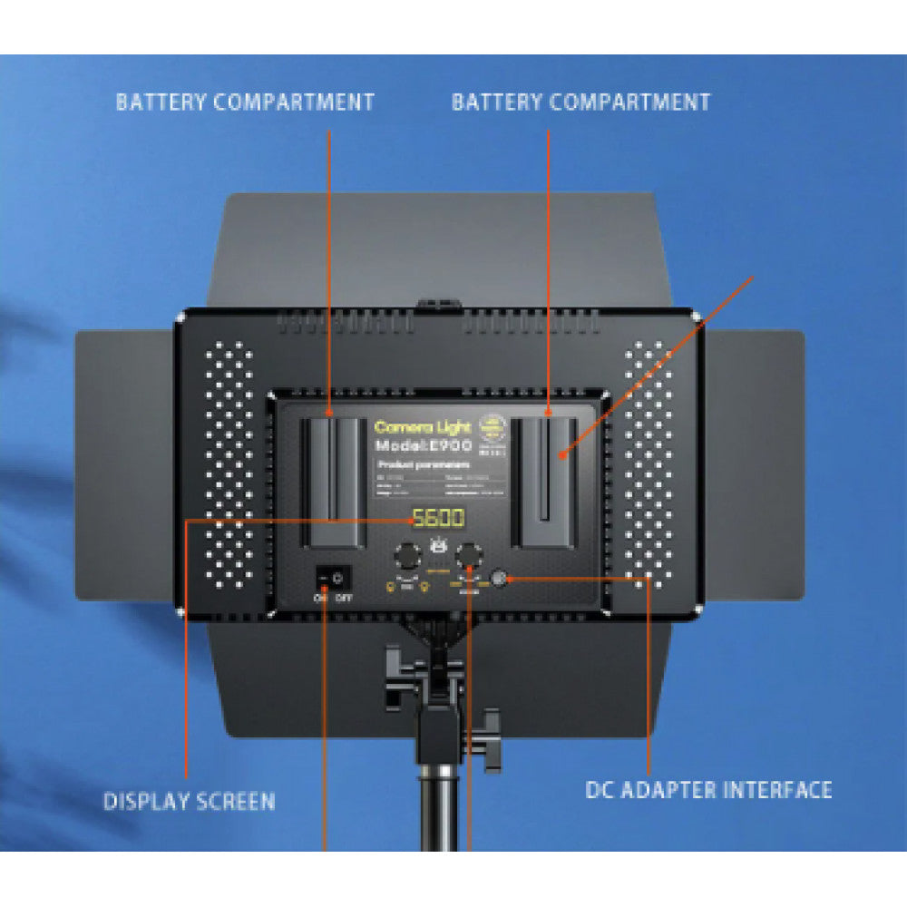 Лампа видеосвет LED E900 with display | 30x17 cm | 896 Lights | 3000K-6500K | Remote (от сети и акб)