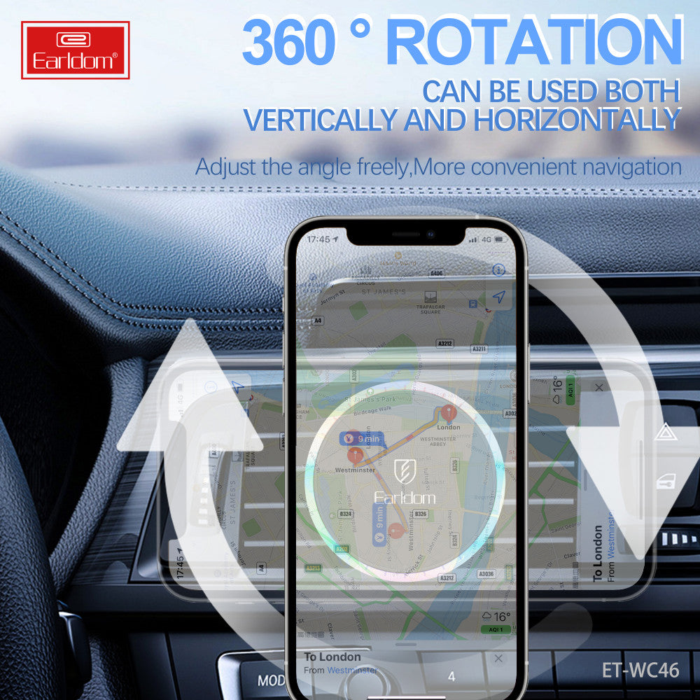 Автотримач магнітний на повітропровід з бездротовою зарядкою 15W Earldom ET-WC46