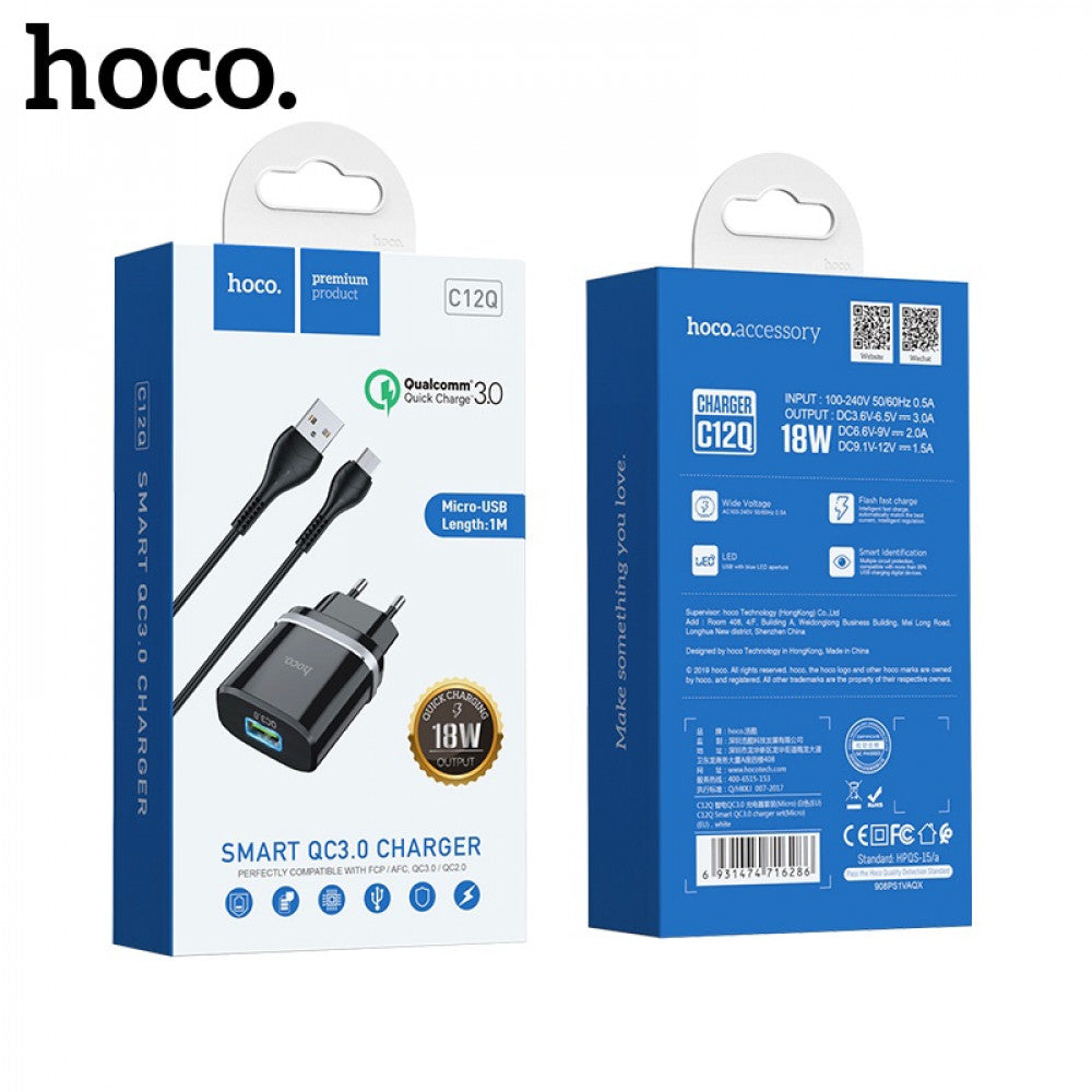Home Charger | 18W | QC3.0 | Micro Cable (1m) — Hoco C12Q — Black
