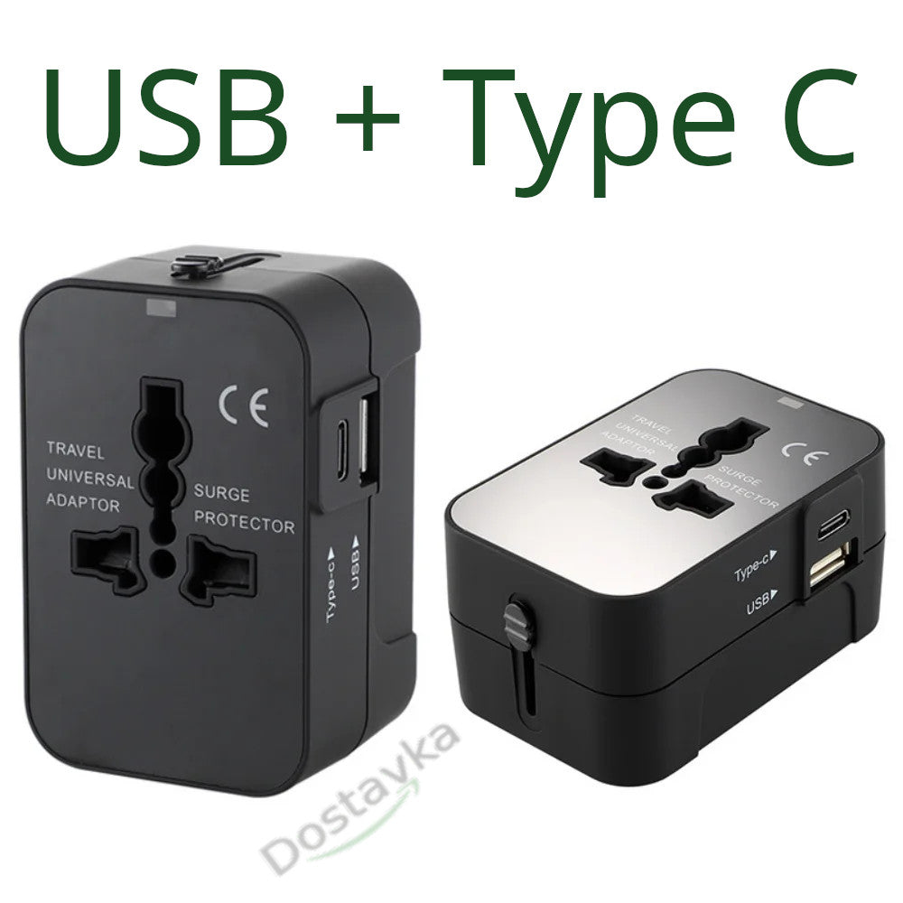 Универсальный дорожный адаптер-разъем для розетки с двумя портами USB + Type C