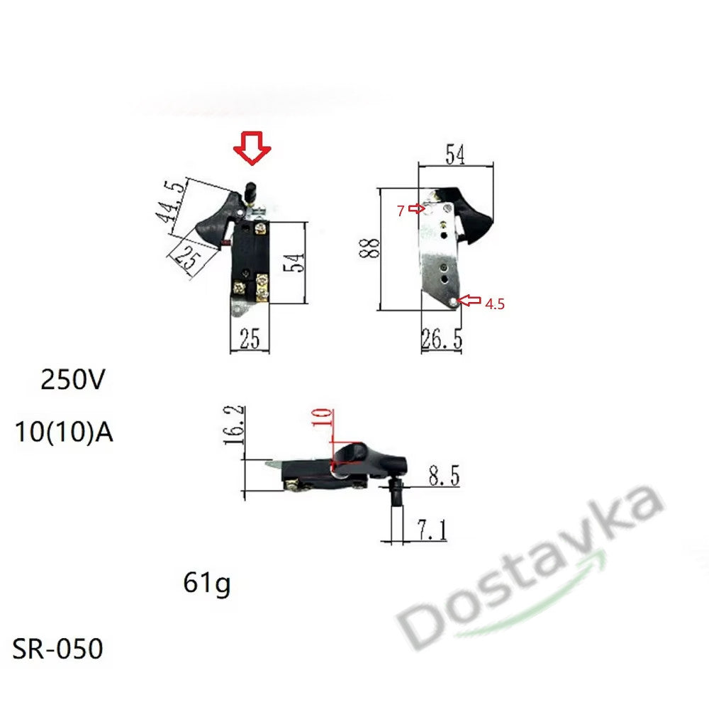 Кнопка пуска FA2-10 10(10)A цепной электропилы Ворскла 2500/405, Makita 5016 с боковым двигателем