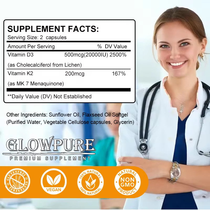 Витамин D3 K2 - 20 000 МЕ для здоровья костей, зубов и сердечно-сосудистой системы