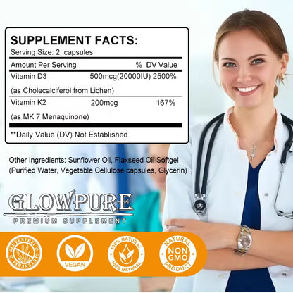 Витамин D3 K2 - 20 000 МЕ для здоровья костей, зубов и сердечно-сосудистой системы