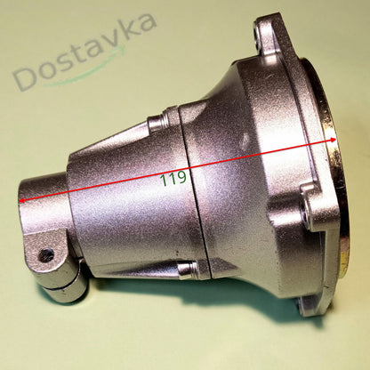 Верхний редуктор бензокосы на трубу 26 мм (вал 9 шлицов), сцепление 77 мм, крепление 100 мм (h119)
