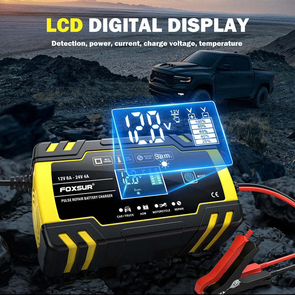 Імпульсний автоматичний зарядний пристрій для автомобільного акумулятора Foxsur FBC122408D 12 В 8 А-24 В 4 A Yellow