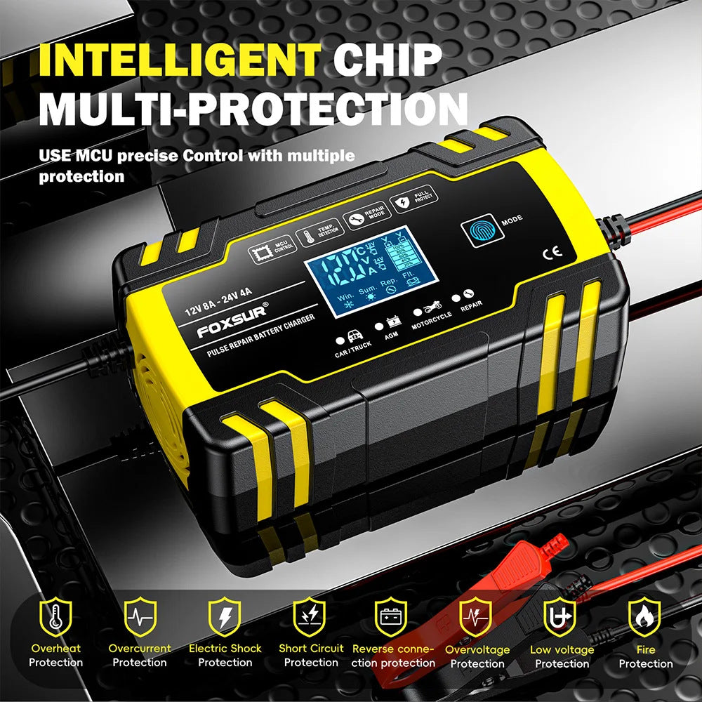 Імпульсний автоматичний зарядний пристрій для автомобільного акумулятора Foxsur FBC122408D 12 В 8 А-24 В 4 A Yellow