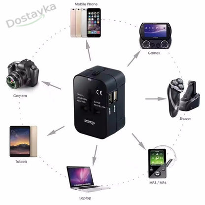 Универсальный дорожный адаптер-разъем для розетки с двумя портами USB + Type C