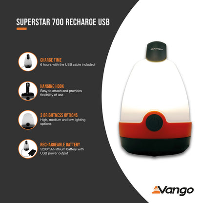 Ліхтар кемпінговий Vango Superstar 700 Recharge USB Orange (ACSLANTRN3KTW37) 