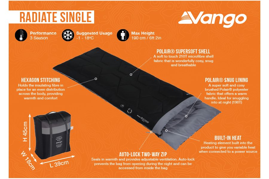 Спальний мішок з підігрівом Vango Radiate Single/-3°C Black Left (SBQRADIATB05TJ8)