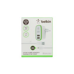 Зарядне устр. Belkin (вх. 220V вих. 2xUSB 5V 2.1A) + кабель USB/Lightning для моб. тел. білий