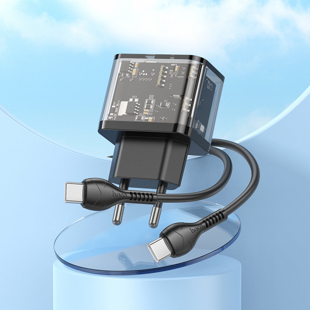 Home Charger | 20W | 2 PD | QC3.0 | C to C Cable (1m) — Hoco N34 Dazzling — Transparent Black