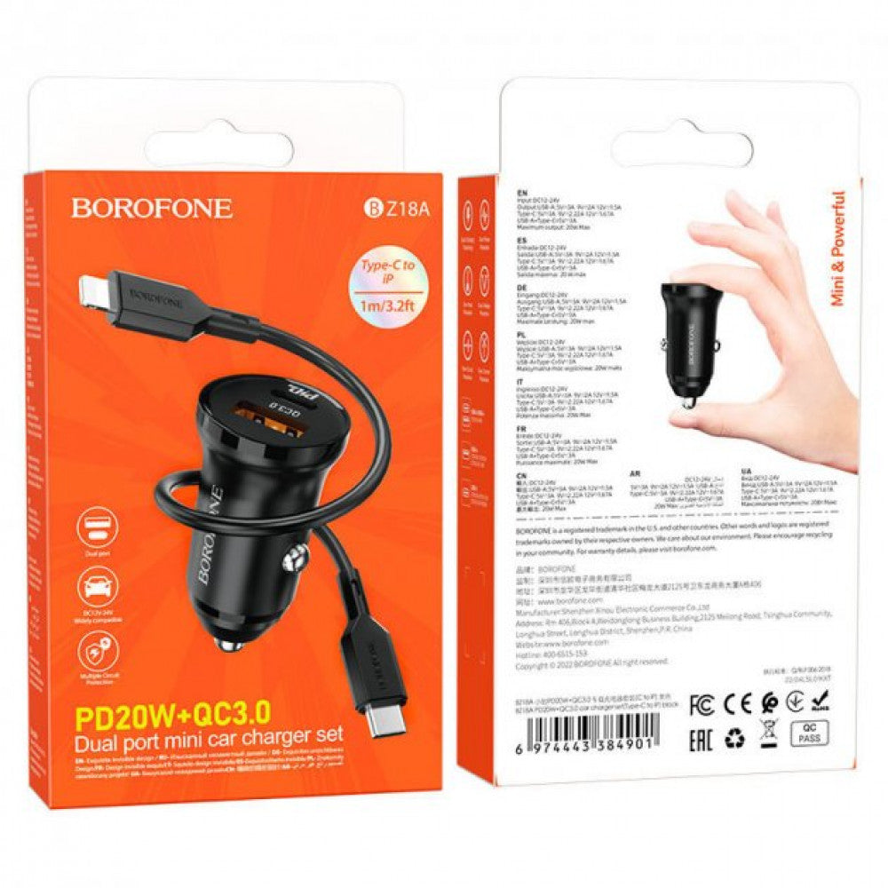 Car Charger | 20W | PD | QC3.0 C to Lightning Cable (1m) — Borofone BZ18A — Black