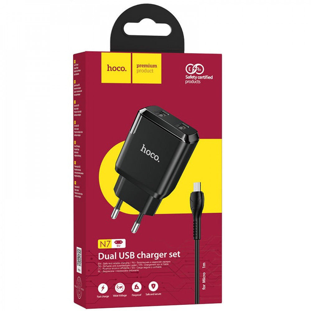 Home Charger | 2.1A | 2U | Micro Cable (1m) — Hoco N7 — Black