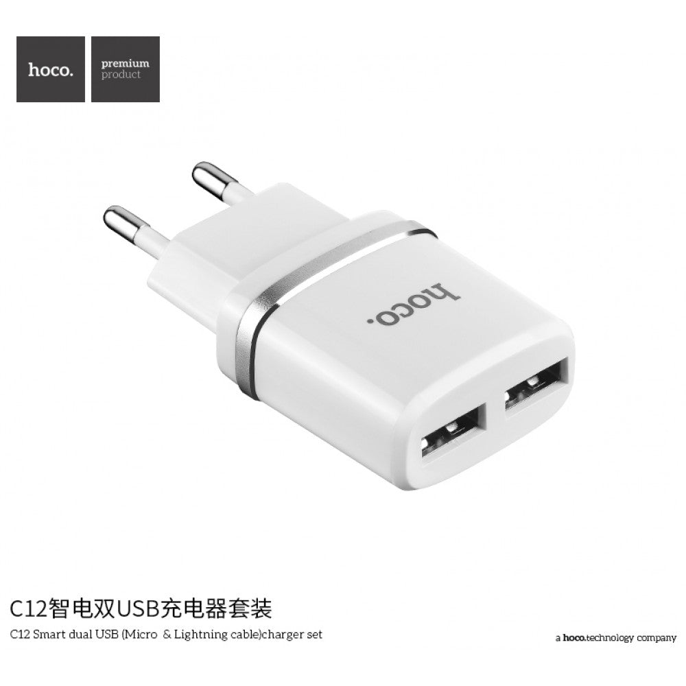 Home Charger | 2.4A | 2U | Lightning Cable (1m) — Hoco C12 White