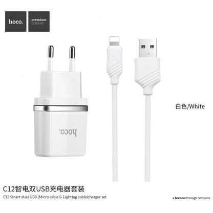 Home Charger | 2.4A | 2U | Lightning Cable (1m) — Hoco C12 White