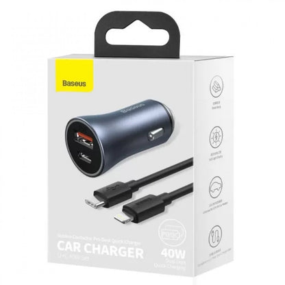 Car Charger | 40W | 1U | 1C | C to Lightning Cable (1m) — Baseus (TZCCJD-B0G) Golden Contactor Pro Dual Quick Charger — TZCCJD-B0G Dark Gray