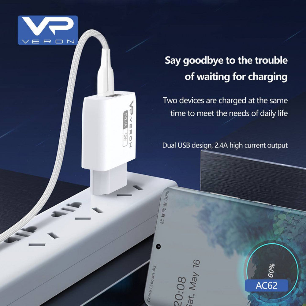 Home Charger | 2.4A | 2U | Lightning Cable (1m) — Veron AC62L