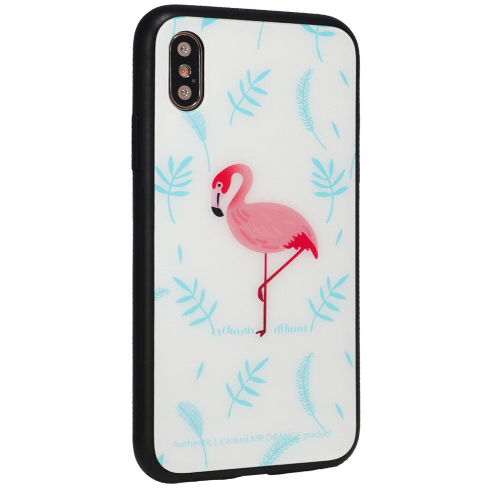 Glass with print TPU Case — iPhone Xs — Blue Flamingo