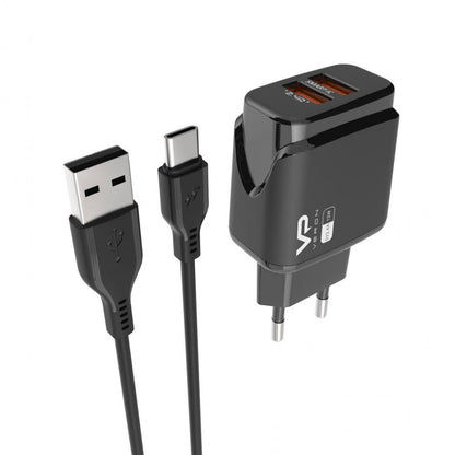 Home Charger | 2.4A | 2U | USB C Cable (1m) — Veron VR-C12C — Black