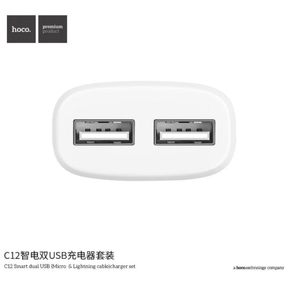 Home Charger | 2.4A | 2U | Lightning Cable (1m) — Hoco C12 White