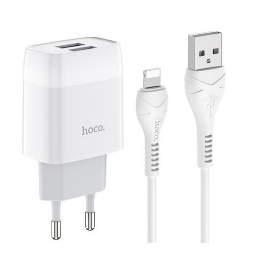 Home Charger | 2.4A | 2U | Lightning Cable (1m) — Hoco C73A — White