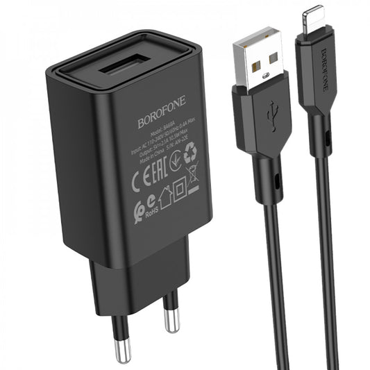 Home Charger | 2.1A | 1U | Lightning Cable (1m) — Borofone BA68A — Black