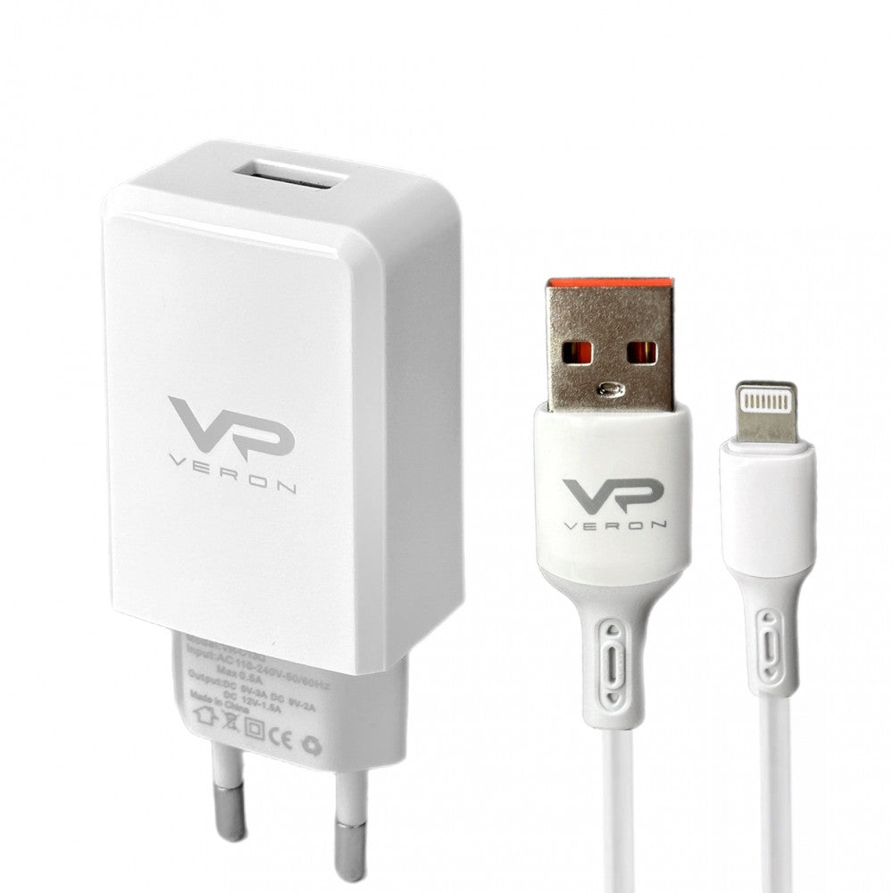 Home Charger | 18W | 1U | Lightning Cable (1m) — Veron VR-C13Q — White