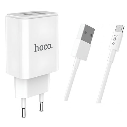 Home Charger | 2.1A | 2U | Micro Cable (1m) — Hoco C62A White