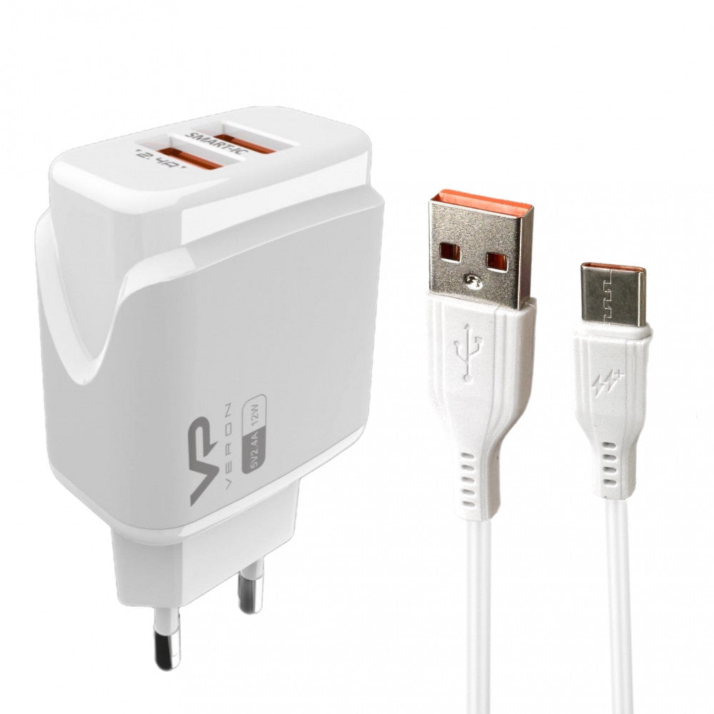 Home Charger | 2.4A | 2U | USB C Cable (1m) — Veron VR-C12C — White