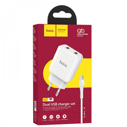 Home Charger | 2.1A | 2U | Micro Cable (1m) — Hoco N7 — White