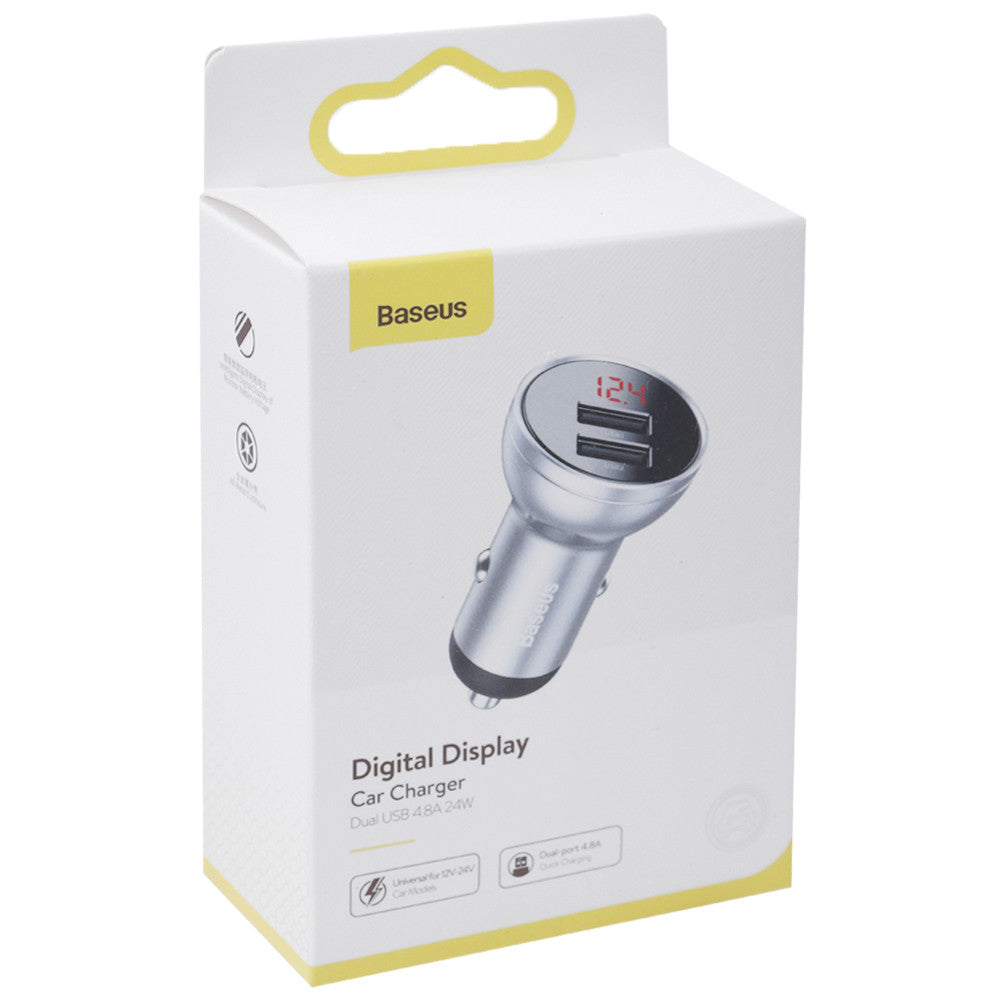 Car Charger | 24W | 2U | Digital Display — Baseus (CCBX-0S) Silver — CCBX-0S Silver