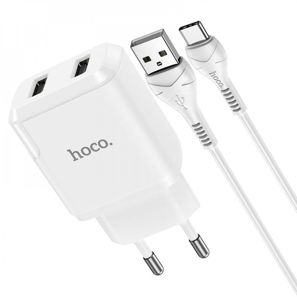 Home Charger | 2.1A | 2U | USB C Cable (1m) — Hoco N7 — Black