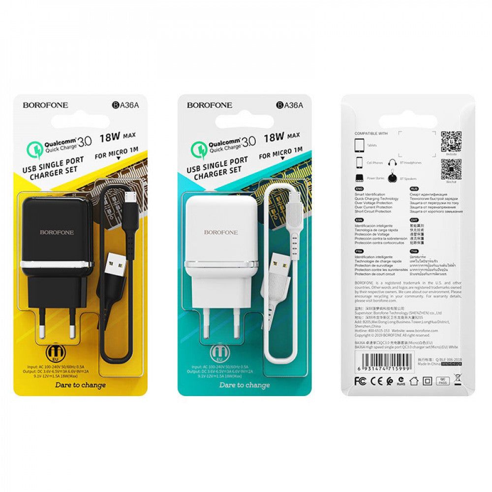 Home Charger | 18W | QC3.0 | Micro Cable (1m) — Borofone BA36A — Black