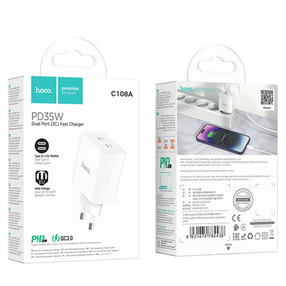 Home Charger | 35W | 2 PD | QC3.0 — Hoco C108A — White