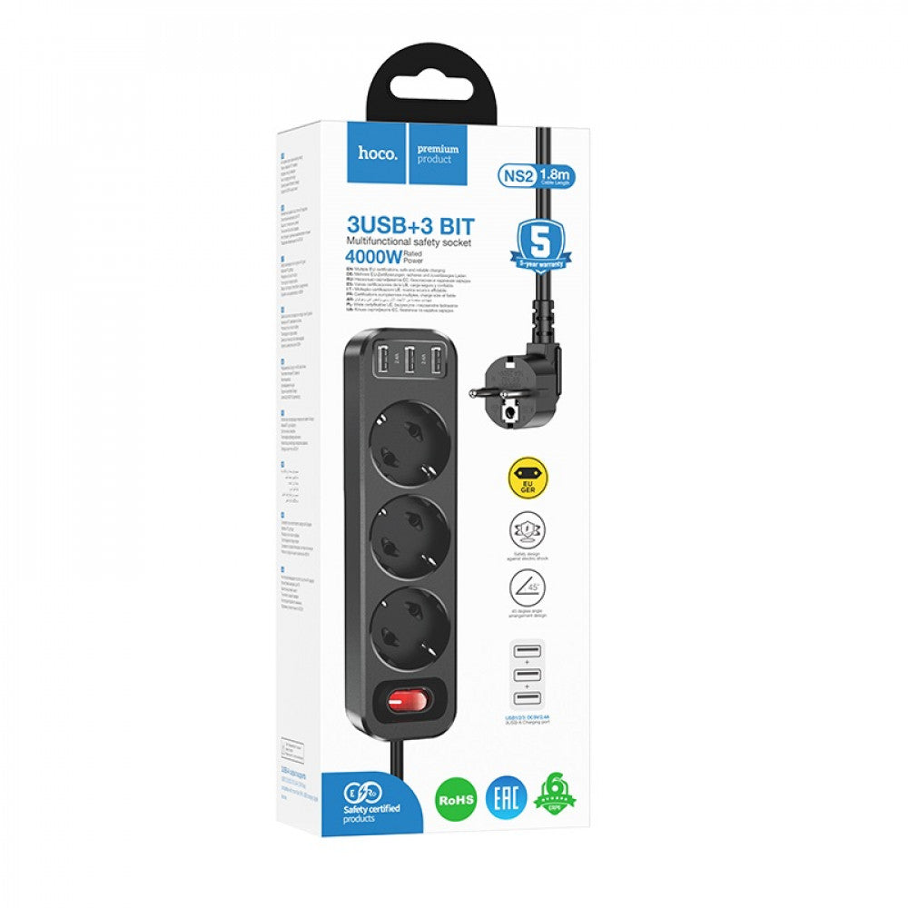 Power Extension 3U | 3P | 1.8m | EU — Hoco NS2 — Black