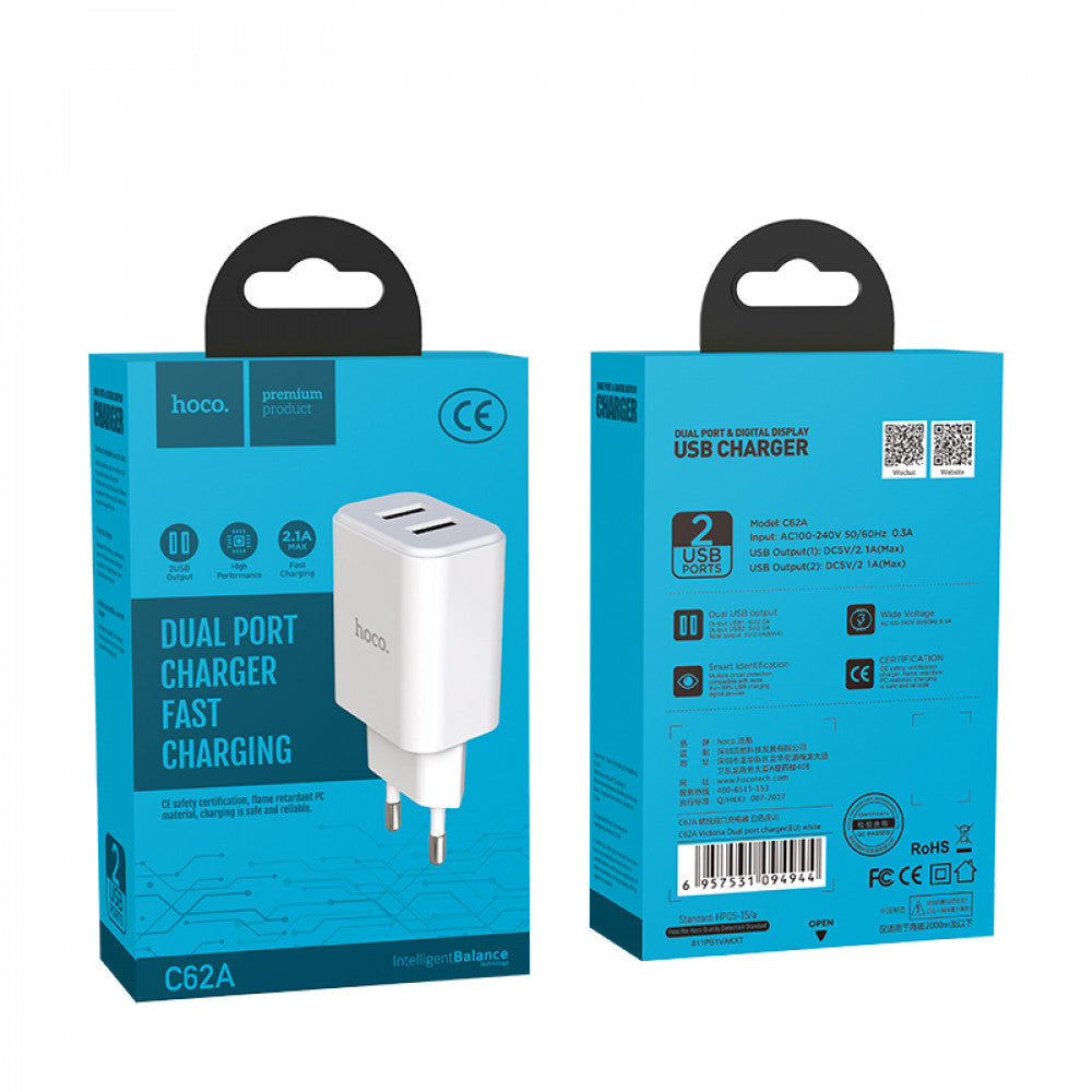 Home Charger | 2.1A | 2U — Hoco C62A White