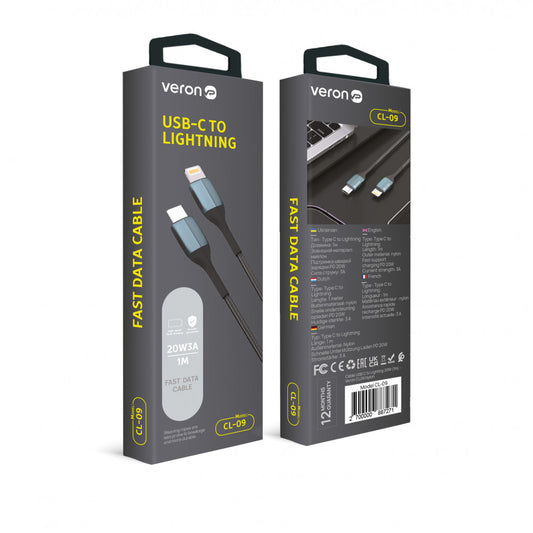 Кабель USB C to Lightning 20W PD (1m) Veron CL09 Nylon — Black