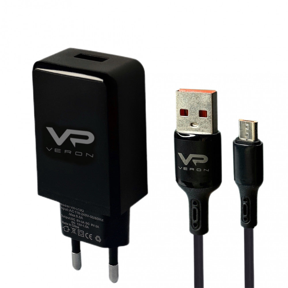 Home Charger | 18W | 1U | Micro Cable (1m) — Veron VR-C13Q — Black